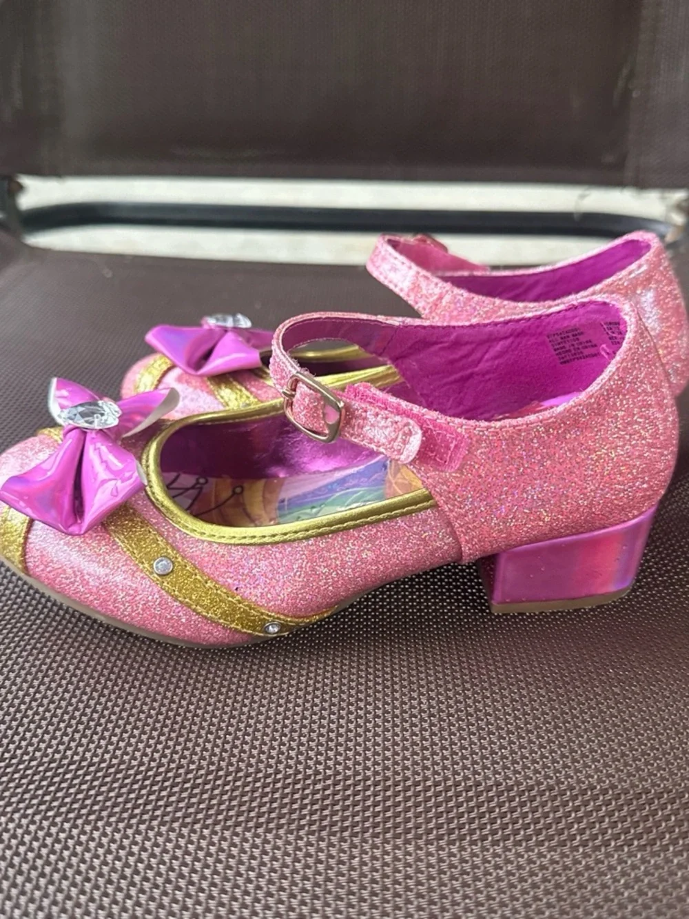 Disney Pink Glitter Girls' Mary Janes with Gold Accents and Bow